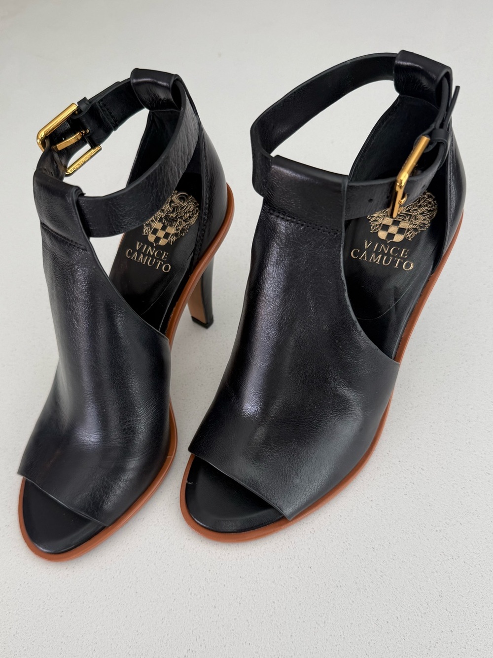 Vince Camuto Black Leather Open Toe Ankle Strap Heels Size 7